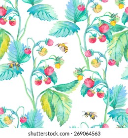 Strawberry pattern and bees. Watercolor. Vector. Berries.