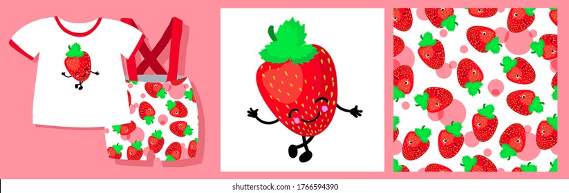 Strawberry pattern. Berries character. Set for textile design and packaging design. Red berry vector illustration.
