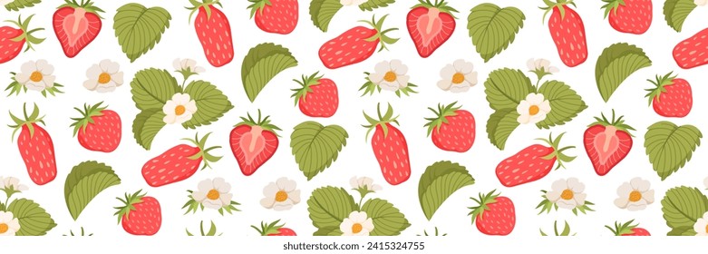 Patrón de fresa con bayas, flores y hojas. Fondo de jardín y agricultura. Baraja de cerezo. Impresión floral para su diseño, ropa, papel de embalaje, embalaje. Ilustración plana vectorial.