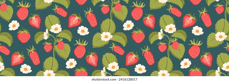 Strawberry pattern with berries, flowers and leaves. Garden and agriculture background. Berry slice. Floral print for your design, clothes, wrapping paper, packaging. Vector flat illustration.