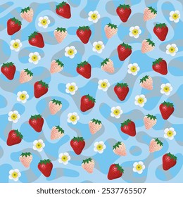 Strawberry Pattern with Blue Wave Background. A charming seamless pattern of red strawberries,  white strawberries, green leaves, and white strawberry blossoms, all set against a pastel blue wave bg. 
