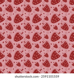 Strawberry pattern color background with heart shape, lines. flat style.