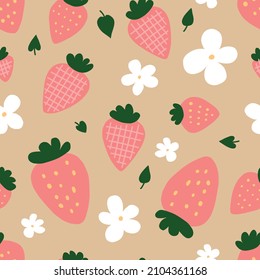 Patrón de fresa. Patrón estilizado colorido con fresas y flores y hojas blancas.  Ilustración del vector