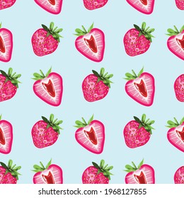 Strawberry pattern. Colourful seamless pattern with pink strawberries on light blue background. For print, packaging, textile, wrapping paper, wall paper. Vector pattern.