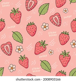 Strawberry pattern. Cute colorful strawberries with flowers and leaves in doodle style, vector illustration