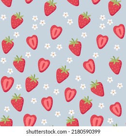 Strawberry pattern. Cute colorful strawberries with flowers and leaves in doodle style, vector illustration