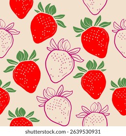 strawberry pattern. Cute hand drawn strawberries on a white background. Doodle fruit outline. Hand-drawn seamless pattern for textiles and cards.