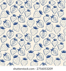 strawberry pattern. Cute hand drawn strawberries on a white background. Doodle fruit outline. Hand-drawn seamless pattern for textiles and cards.