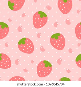 Strawberry pattern, cute heart fruit cartoon seamless background with dot, Vector illustration