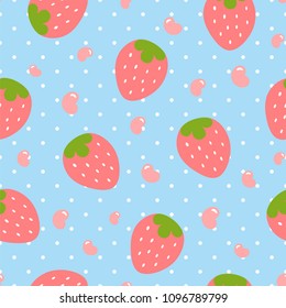 Strawberry pattern, cute heart fruit cartoon seamless background with dot, Vector illustration