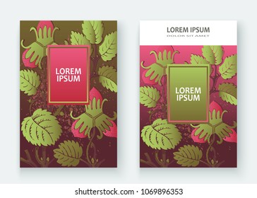 Strawberry pattern design templates product. Hand drawn red berry. Cute trendy dark background blossom greenery bush. Graphic illustration wedding, invitation, poster, card, cover, product vector