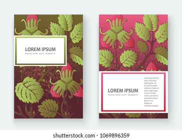 Strawberry pattern design templates product. Hand drawn red berry. Cute trendy dark background blossom greenery bush. Graphic illustration wedding, invitation, poster, card, cover, product vector