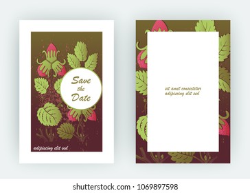 Strawberry pattern design templates product. Hand drawn red berry. Cute trendy dark background blossom greenery bush. Graphic illustration wedding, invitation, poster, card, cover, product vector