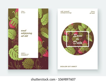 Strawberry pattern design templates product. Hand drawn red berry. Cute trendy dark background blossom greenery bush. Graphic illustration wedding, invitation, poster, card, cover, product vector
