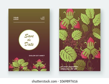 Strawberry pattern design templates product. Hand drawn red berry. Cute trendy dark background blossom greenery bush. Graphic illustration wedding, invitation, poster, card, cover, product vector