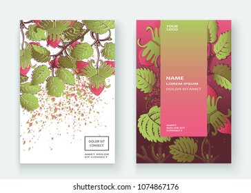 Strawberry pattern design templates product. Hand drawn red berry. Cute trendy dark background blossom greenery bush. Graphic illustration wedding, invitation, poster, card, cover, product vector