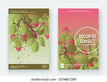Strawberry pattern design templates product. Hand drawn red berry. Cute trendy dark background blossom greenery bush. Graphic illustration wedding, invitation, poster, card, cover, product vector