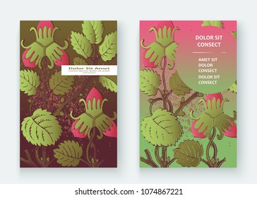 Strawberry pattern design templates product. Hand drawn red berry. Cute trendy dark background blossom greenery bush. Graphic illustration wedding, invitation, poster, card, cover, product vector