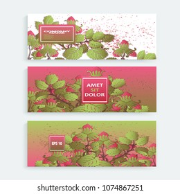Strawberry pattern design templates product. Hand drawn red berry. Cute trendy dark background blossom greenery bush. Graphic illustration wedding, invitation, poster, card, cover, product vector