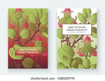 Strawberry pattern design templates product. Hand drawn red berry. Cute trendy dark background blossom greenery bush. Graphic illustration wedding, invitation, poster, card, cover, product vector