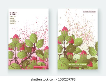 Strawberry pattern design templates product. Hand drawn red berry. Cute trendy  background blossom greenery bush. Graphic illustration wedding, invitation, poster, card, cover, product vector