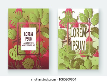 Strawberry pattern design templates product. Hand drawn red berry. Cute trendy dark background blossom greenery bush. Graphic illustration wedding, invitation, poster, card, cover, product vector