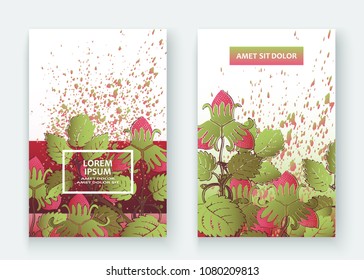 Strawberry pattern design templates product. Hand drawn red berry. Cute trendy  background blossom greenery bush. Graphic illustration wedding, invitation, poster, card, cover, product vector