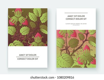 Strawberry pattern design templates product. Hand drawn red berry. Cute trendy dark background blossom greenery bush. Graphic illustration wedding, invitation, poster, card, cover, product vector