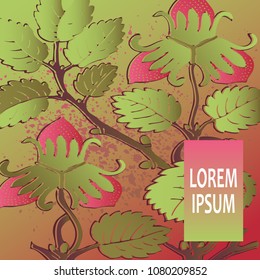 Strawberry pattern design templates product. Hand drawn red berry. Cute trendy dark background blossom greenery bush. Graphic illustration label, invitation, poster, card, cover, product vector
