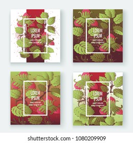 Strawberry pattern design templates product. Hand drawn red berry. Cute trendy dark background blossom greenery bush. Graphic illustration wedding, invitation, poster, card, cover, product vector