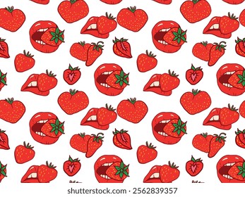 strawberry pattern featuring playful lips, perfect for textiles, wallpapers, packaging, and fun marketing designs in food and drink.