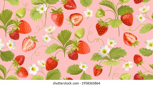 Strawberry pattern with flowers, wild berries, leaves background. Vector seamless texture illustration in watercolor style for summer cover, botanical wallpaper, vintage backdrop, wedding invitation