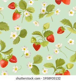 Strawberry pattern with flowers, wild berries, leaves background. Vector seamless texture illustration in watercolor style for summer cover, botanical wallpaper, vintage backdrop, wedding invitation