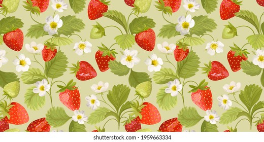 Patrón de fresa con flores, bayas silvestres, hojas de fondo. Ilustración de textura sin fisuras vectorial en el estilo acuarela para la cubierta de verano, fondo botánico, fondo vintage, invitación a la boda
