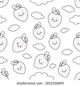 Strawberry Pattern. Kawaii Strawberries. Vector seamless pattern. The drawn contour of strawberries on a white background. Black and white print for fabric, packaging, textiles, paper.
