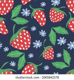 Strawberry pattern with leaves and flowers. Dark background, ripe strawberries. Printing is well suited for textiles, packaging and wallpaper.