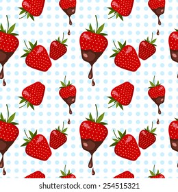 Strawberry pattern on blue polka dot background