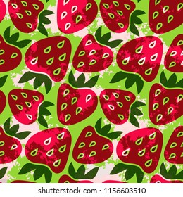 Strawberry pattern on the green grunge background. Can be used for poster, banner, flyer, brochure, postcards, wallpaper, textile, website background. Vector illustration.
