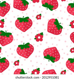 Strawberry pattern on a white background in a cartoon style with flowers and peas. For packaging, children textiles and office supplies. Vector illustration