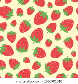 Strawberry pattern on yellow background. Great for wallpaper, web background, wrapping paper, fabric, packaging, greeting cards, invitations and more.