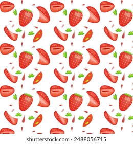 strawberry pattern with pieces. seamless strawberry pattern. Decorate your design with a seamless strawberry pattern! Juicy slices with red chunks, red flesh, yellow seeds, perfect for summer projects