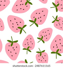 Strawberry pattern. Seamless background design with fresh berries. Summer natural food, endless texture, repeating print for fabric, textile, wallpaper and wrapping. Printable flat vector illustration