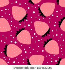 Strawberry pattern. Seamless dotted background with drawn berry. Red fruit. Flat cartoon style. Great for kitchen, tablewear, fabric, textile. Vector illustration. 