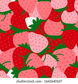 Strawberry pattern. Seamless repeated fruit design. Red berry background. Flat cartoon style. Great for kitchen, tablewear, fabric, textile. Vector illustration.