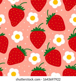 Strawberry pattern. Seamless repeated fruit design. Red berry background. Flat cartoon style. Vector illustration.