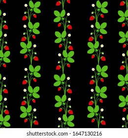 Strawberry pattern. Seamless repeated fruit design. Red berry background. Flat cartoon style. Great for kitchen, tablewear, fabric, textile. Vector illustration.