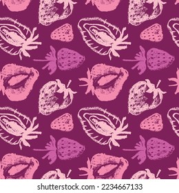 Strawberry pattern seamless, strawberries illustration for fabric ornament and textile design. Hand-drawn vector red berry. Juice or jam label design. Ripe berries background. Strawberry backdrop.
