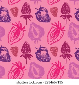 Strawberry pattern seamless, strawberries illustration for fabric ornament and textile design. Hand drawn vector red berry. Juice or jam label design. Ripe berries background. Strawberry backdrop.