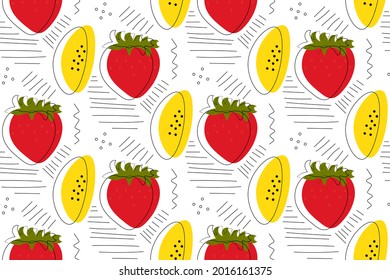 Strawberry pattern. Spots and line background. Red strawberry summer seamless pattern. 