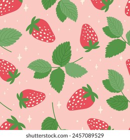 
Strawberry pattern. Summer background with berries and stars. Fantastic pattern with strawberries and leaves. Leaves and berries. Tasty and cute vector pattern. Plenty of strawberries and stars